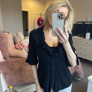 Chic Black Ruffled Button Down Shirt